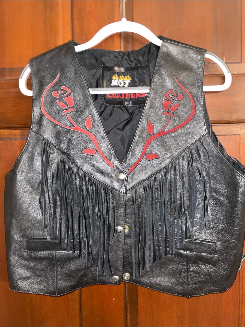 Hot Leathers Black Leather Fringe Vest with Red Rose Appliqué